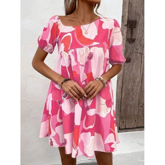 Boho Oversized Floral Mini Dress Mini Pink - Picture 3 of 7